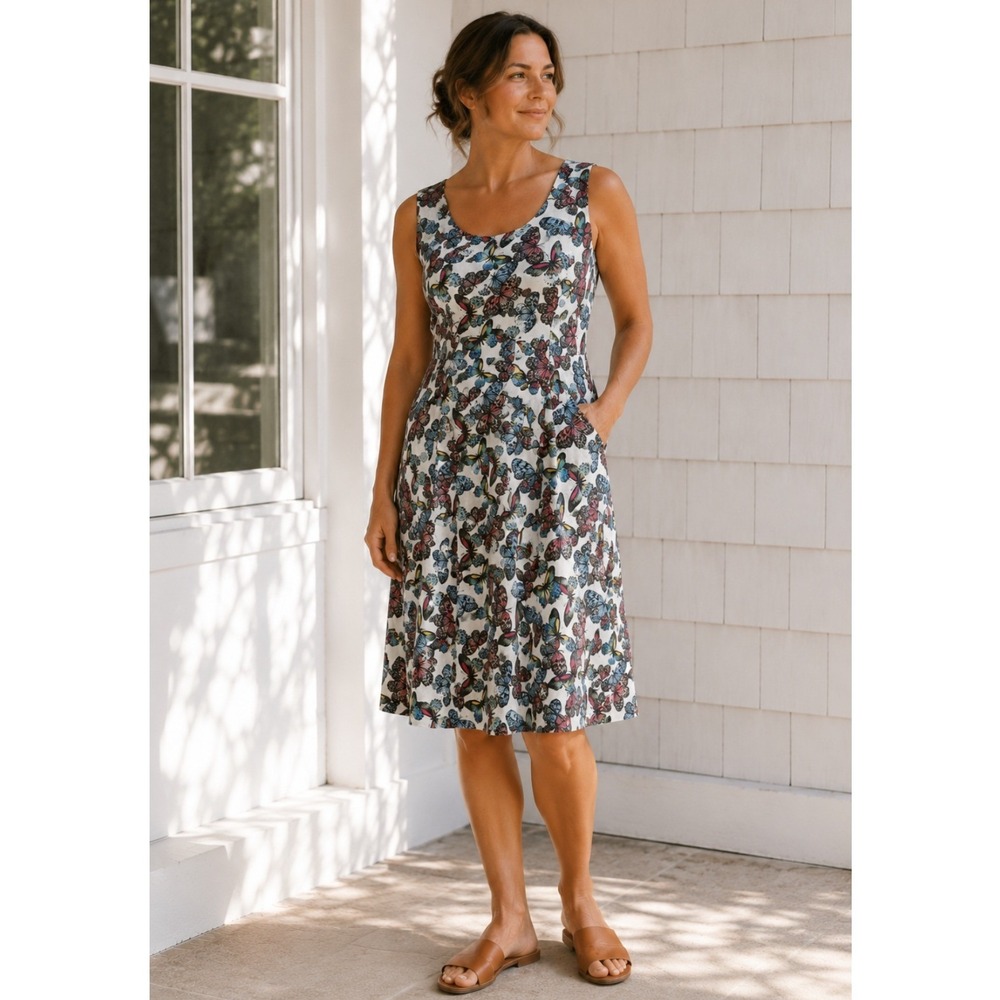Talbots Butterfly Print MIDI Dress Women 12 Linen‎ Fit Flare Pockets Whimsical